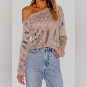LPA Women's XS Beige Crochet Open Knit Stitch One Shoulder Sweater Top Cover Up